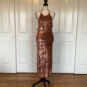 Calypso St Barth Copper Sequin Halter Maxi Dress Open Back Side Slit Size S NWOT